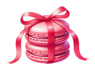 Stack of pink macarons with pink ribbon. Bright biscuit cookies. Hand drawn watercolor food illustration isolated on white background with clipping mask.