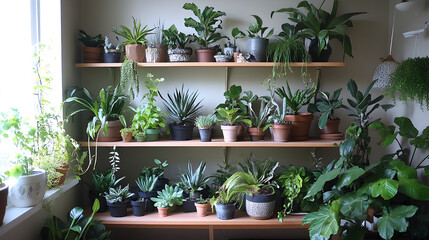 display in a contemporary living room with hanging planters, a mix of leafy plants on a shelf, and potted plants on the floor next to a sleek chair 