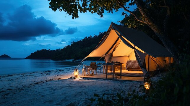 A beautifully lit glamping tent setup on a sandy beach at night