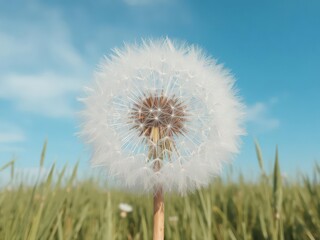 Naklejka premium A giant dandelion, fluffy seed head, against a vibrant blue sky, spring,seed head