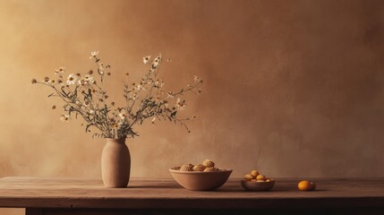 Still life of wildflowers in vase, fruits on wooden table