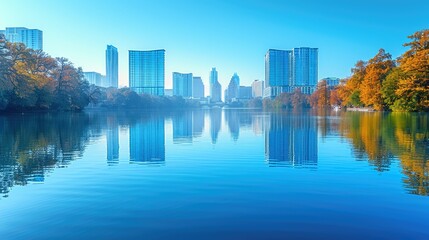 Fototapeta premium A serene view of a city skyline reflected in a calm lake, surrounded by autumn foliage.