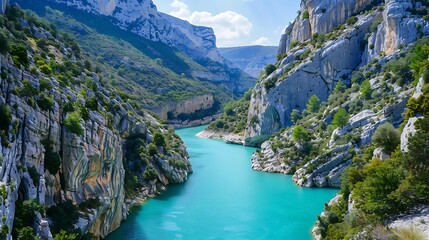 Serenity in Nature: Stunning River Surrounded by Majestic Cliffs and Lush Greenery