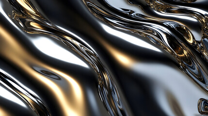Metallic chrome liquid background with reflective silver and gold hues creating a futuristic glossy texture