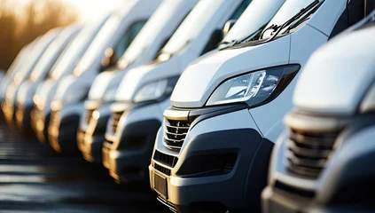 White delivery vans parked in a row at sunrise