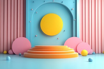 Geometric pastel background with orange podium for product display, yellow sun, and blue sky, minimalistic design, digital backdrop for promotion.