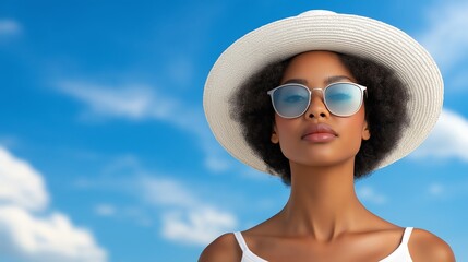 Fototapeta premium A confident woman enjoying a sunny day, wearing stylish sunglasses and a wide-brimmed hat. Her relaxed pose reflects a carefree lifestyle, symbolizing leisure and sunshine.