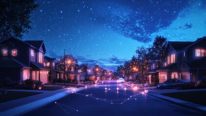 Fototapeta premium suburban street illuminated with ethereal glowing networks under a star-studded night sky