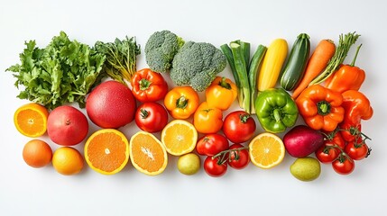 Fresh fruits and vegetables arranged in a vibrant still life with natural lighting and clean white background