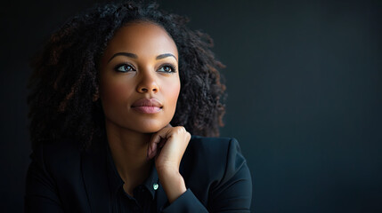 Fototapeta premium Thoughtful woman in a black blazer gazing into the distance against a dark background