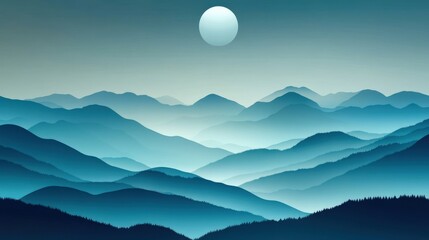 Serene mountain landscape under a full moon, showcasing layered hills and soft blue hues