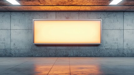 A modern, minimalist interior featuring a large illuminated display frame against a concrete wall, highlighting an empty space for content.