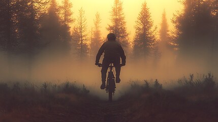 Fototapeta premium Mountain biker in misty forest at sunrise