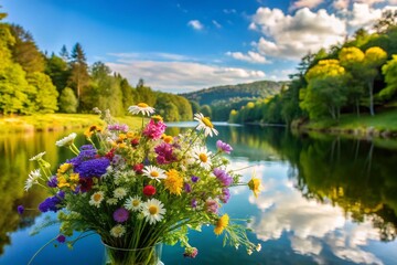 Fototapeta premium Huelgoat Lake Flowers: Vibrant Blooms Beside Serene Waters in Brittany, France