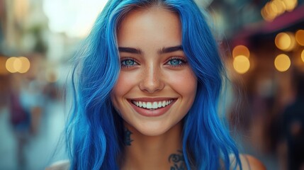 Obraz premium Close-up portrait of a young woman with vibrant blue hair, smiling brightly. Perfect for projects needing a youthful, expressive image of beauty and confidence.