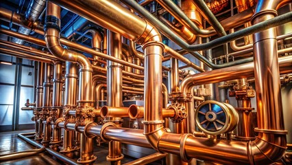 Industrial Copper Piping System in a Boiler Room - Detailed Product Photography