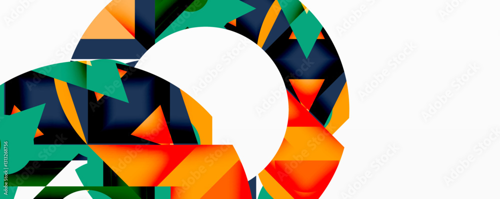 Poster Circles, semi circles, squares and round triangles. Geometric mosaic style pattern abstract background for wallpaper, banner, backdrop, card, book Illustration, landing page