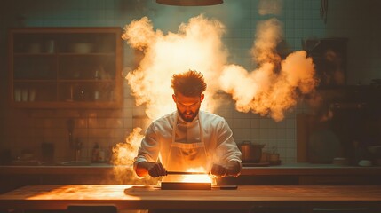 Chef creating culinary art professional kitchen photography smoky environment dramatic viewpoint mastery of cooking techniques