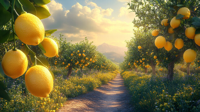 Yellow lemons on trees in a scenic sunlit orchard, fresh citrus fruit plantation in lush countryside at sunset