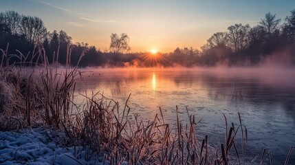 Fototapeta premium A winter sunrise over a frozen lake, mist rising in the cold air