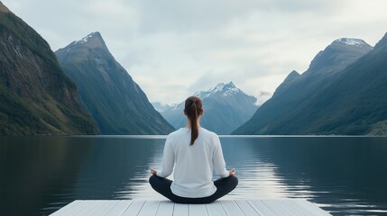 Fototapeta premium A peaceful scene depicting a woman meditating by a tranquil lake, surrounded by majestic mountains. This serene atmosphere captures the essence of mindfulness and inner peace.