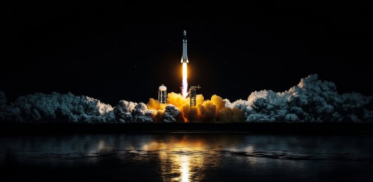 SpaceX Falcon 9 rocket ignites with smoke and fire as it blasts off into the night sky, marking the beginning of an exciting space mission