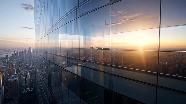 Reflective Facade of Skyscraper Reflecting a Cityscape at Sunset, creating unique patterns