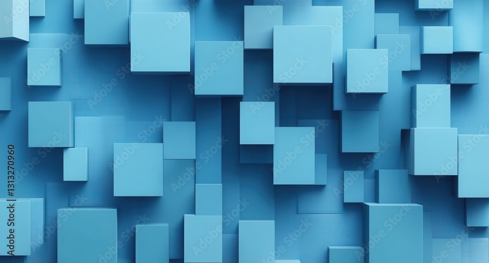 Poster abstract background with floating cubes in various sizes and shades of blue creating a modern 3d geo