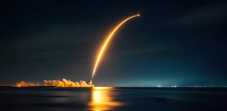 Spectacular footage of the SpaceX Falcon 9 rocket launch, fire and smoke lighting up the night sky as the spacecraft embarks on its mission into space. 