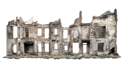 Destroyed building facade isolated with transparent background representing war or natural disaster
