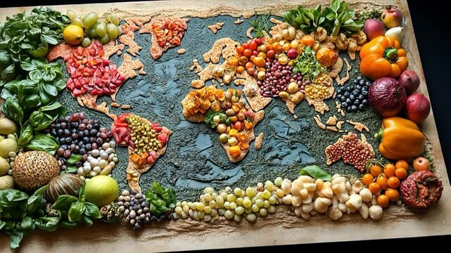 Culinary World Map: An artistic arrangement of fresh, vibrant foods forming the world map, showcasing a colorful and diverse array of global cuisine and agricultural abundance.