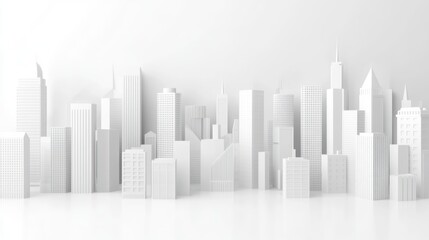 Fototapeta premium Abstract city skyline, 3D model, minimalist, white background, design, architecture, graphic, illustration