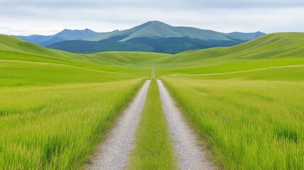 Fototapeta premium A serene rural landscape featuring a winding gravel road surrounded by lush green fields and rolling hills under a cloudy sky, ideal for nature and travel themes.