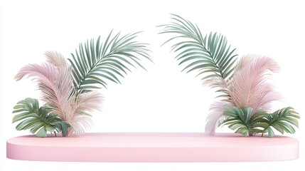 Pastel podium with tropical leaves arching overhead, clean white background