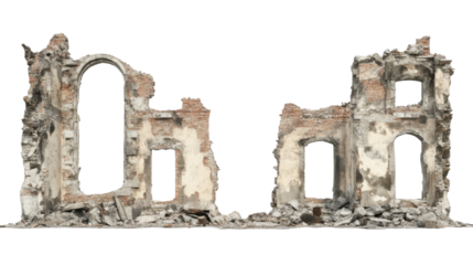 Crumbling walls and archways of a ruined building with transparent background