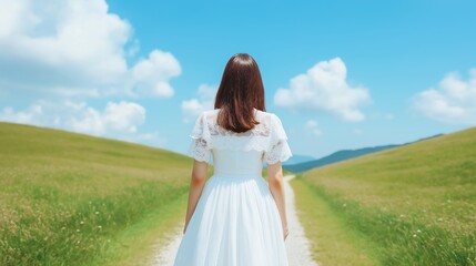 Fototapeta premium A serene view of a young woman in a white dress walking away on a tranquil path surrounded by lush green fields under a clear blue sky, embodying freedom and self-discovery.