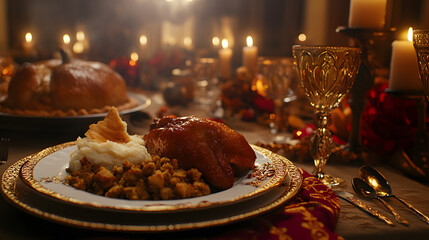A roasted chicken sits on a plate with mashed potatoes and stuffing, surrounded by candlelight and a Thanksgiving feast.  Elegant golden tableware enhances the luxurious scene.