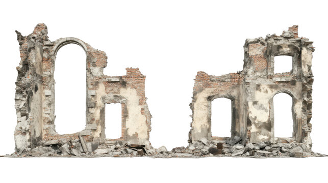 Crumbling walls and archways of a ruined building with transparent background