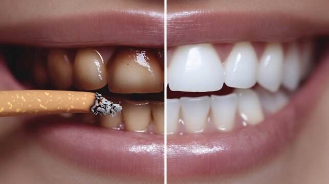 Side by side comparison of a smokers stained teeth vs a non smokers white teeth high detail macro shot medical awareness concept