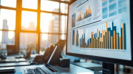 A modern office setting with a computer displaying colorful data visualizations and graphs against a backdrop of city buildings during sunset.
