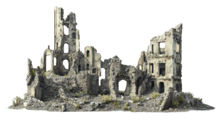 Ruins of old european city with transparent background representing destruction