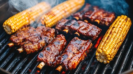 Cinematic bbq grill shot delicious ribs and corn outdoor cooking food photography summer vibes close-up view