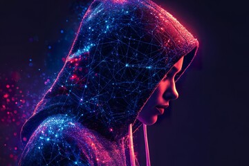A person in a hooded sweatshirt with digital network patterns