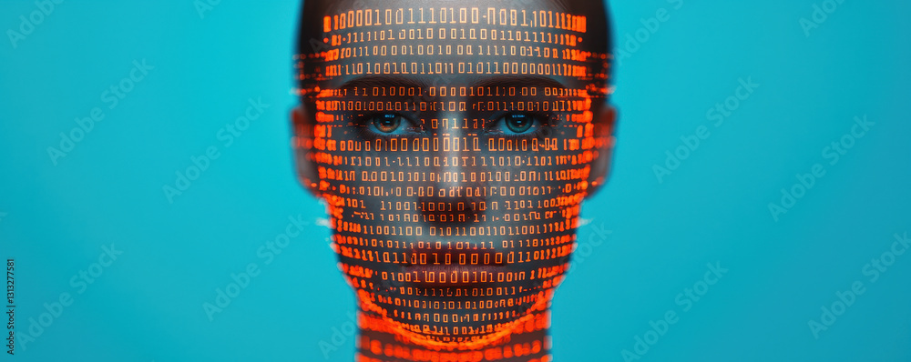 Poster digital face with binary code overlay, representing technology and data