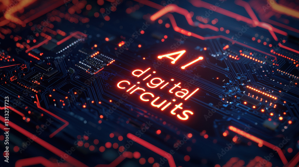 Poster ai digital circuits on circuit board with glowing elements and intricate patterns