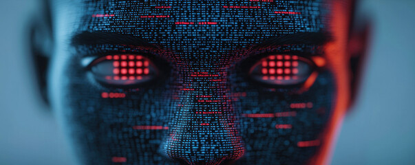 Futuristic digital face with binary code and glowing eyes, representing AI