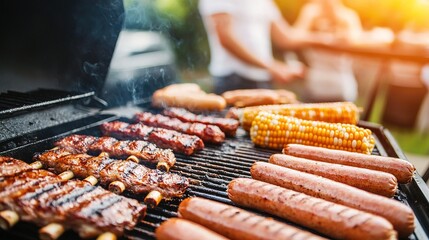 Summer cookout featuring hot dogs and ribs backyard food photography warm atmosphere engaging perspective