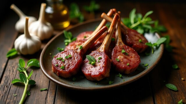 Lamb cutlets, Searing lamb cutlets on rustic tray bathed in warm light surrounded by seasonings and olives
