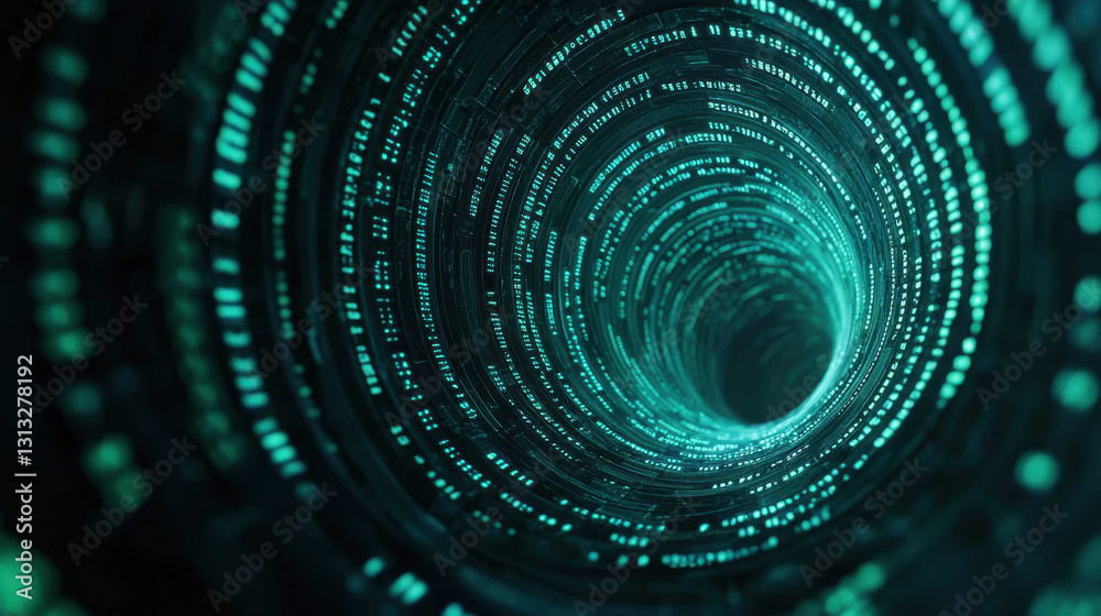 Poster digital tunnel with glowing binary code and futuristic design