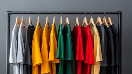 Fototapeta premium A vibrant display of colorful t-shirts hanging neatly on a rack against a dark background, showcasing various styles and hues.